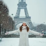 Jeune femme souriante sous la neige à Paris, bras ouverts devant la tour Eiffel, profitant d’un rare épisode neigeux hivernal.