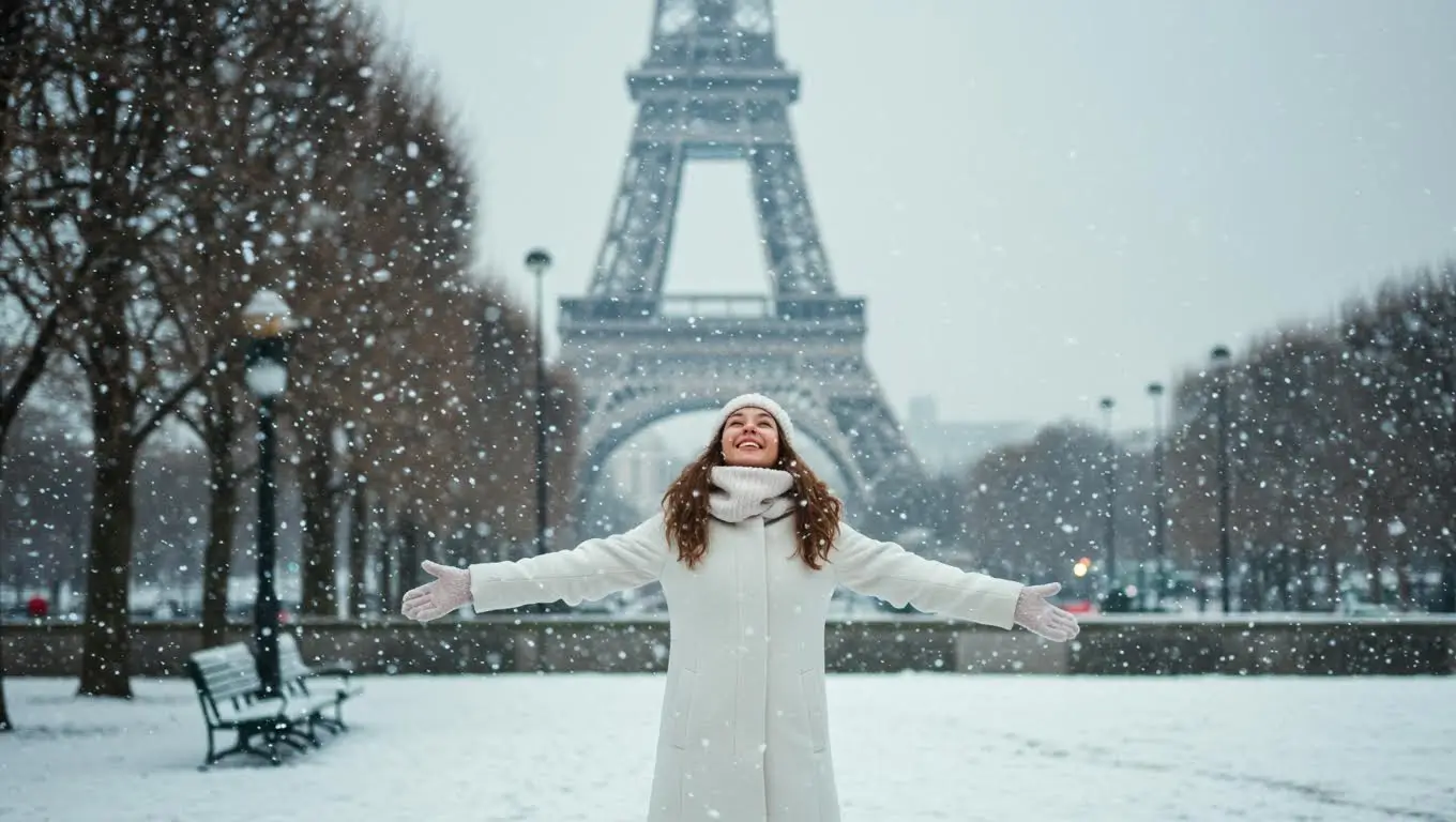 Jeune femme souriante sous la neige à Paris, bras ouverts devant la tour Eiffel, profitant d’un rare épisode neigeux hivernal.