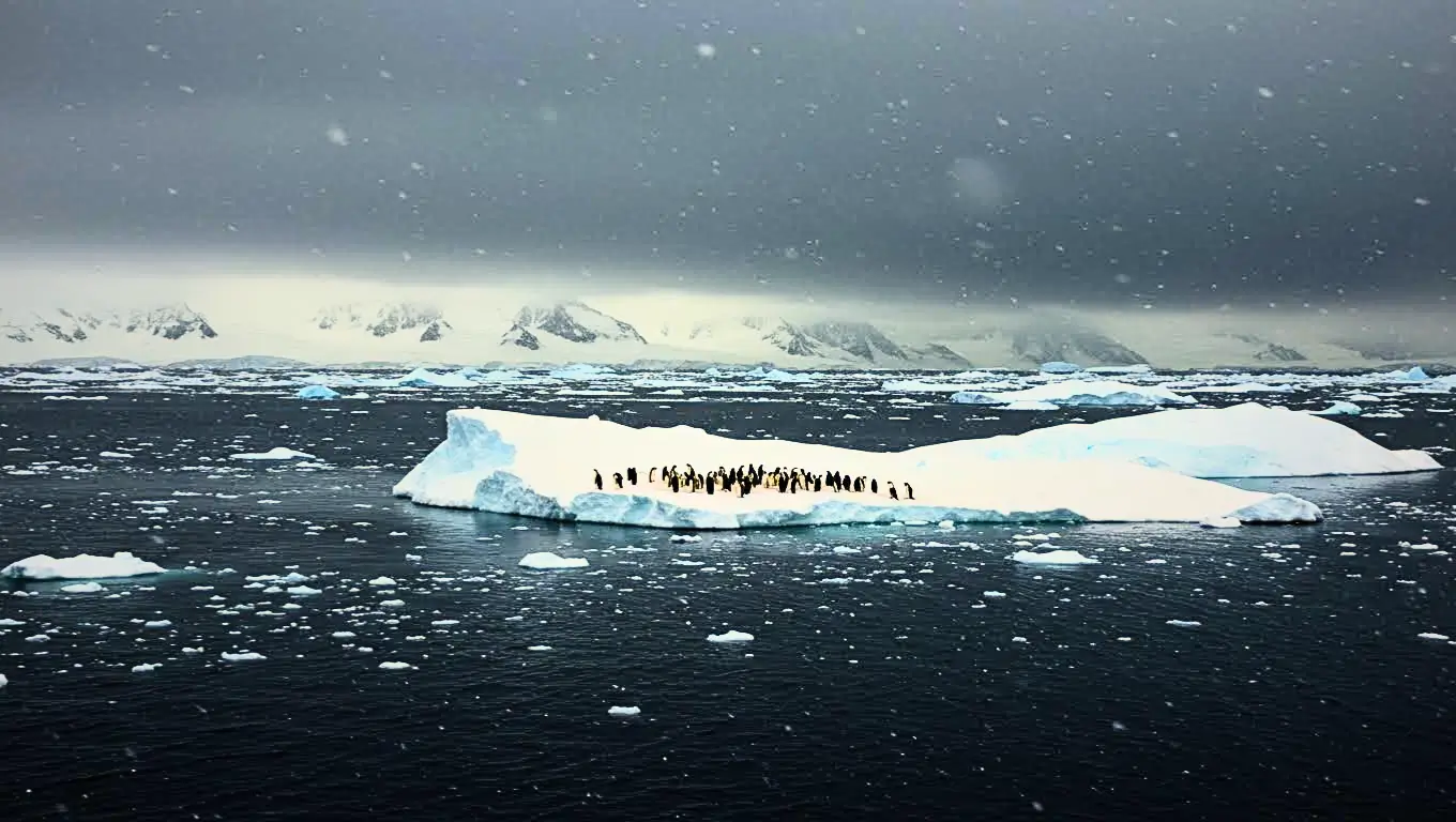 Un groupe de manchots sur un petit bloc de glace dérivant au milieu d’une mer sombre en Antarctique, symbole de la fonte rapide de la banquise.