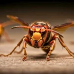 Gros plan sur un frelon asiatique en position d’alerte, ailes déployées, prêt à attaquer.