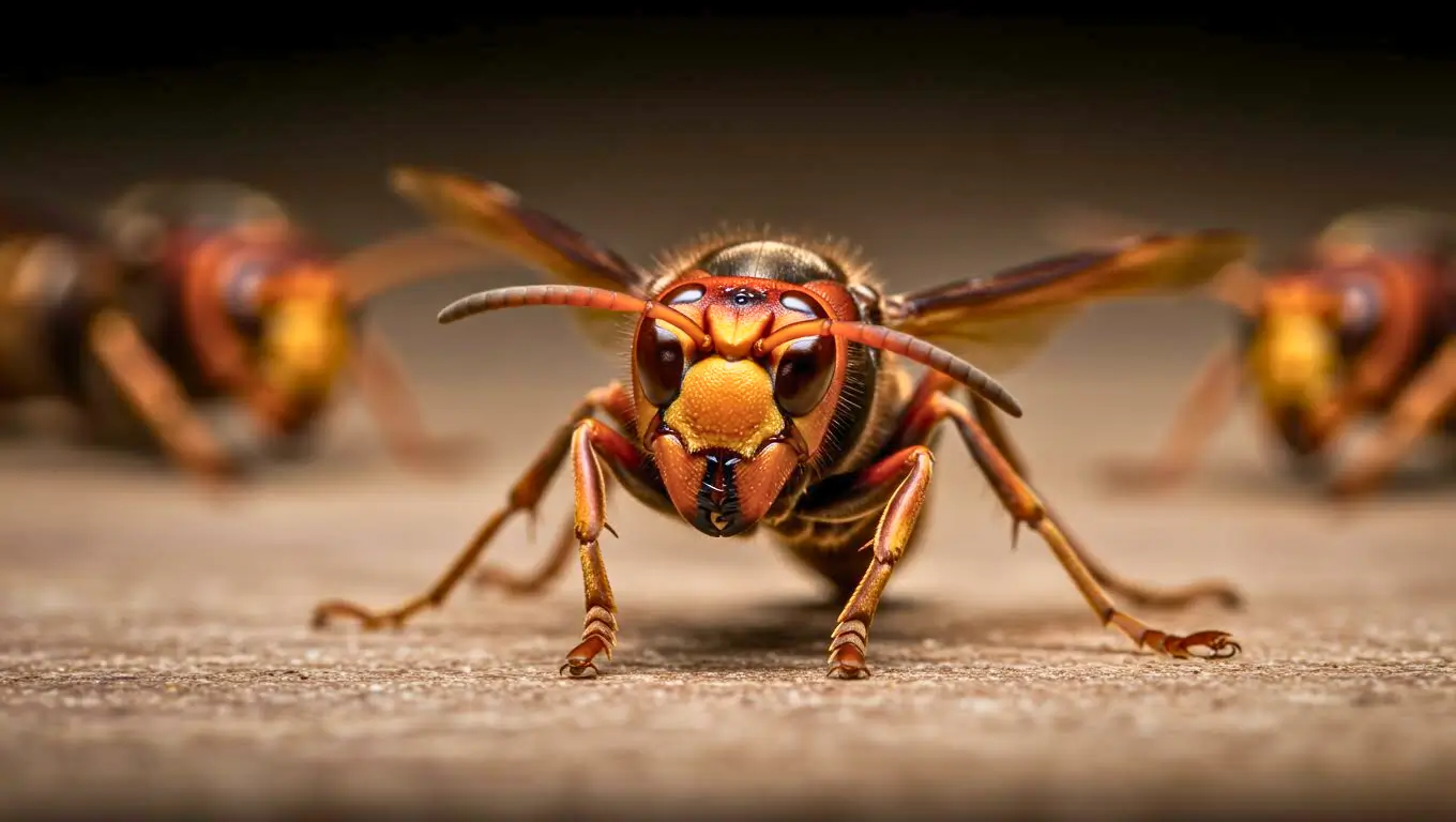 Gros plan sur un frelon asiatique en position d’alerte, ailes déployées, prêt à attaquer.