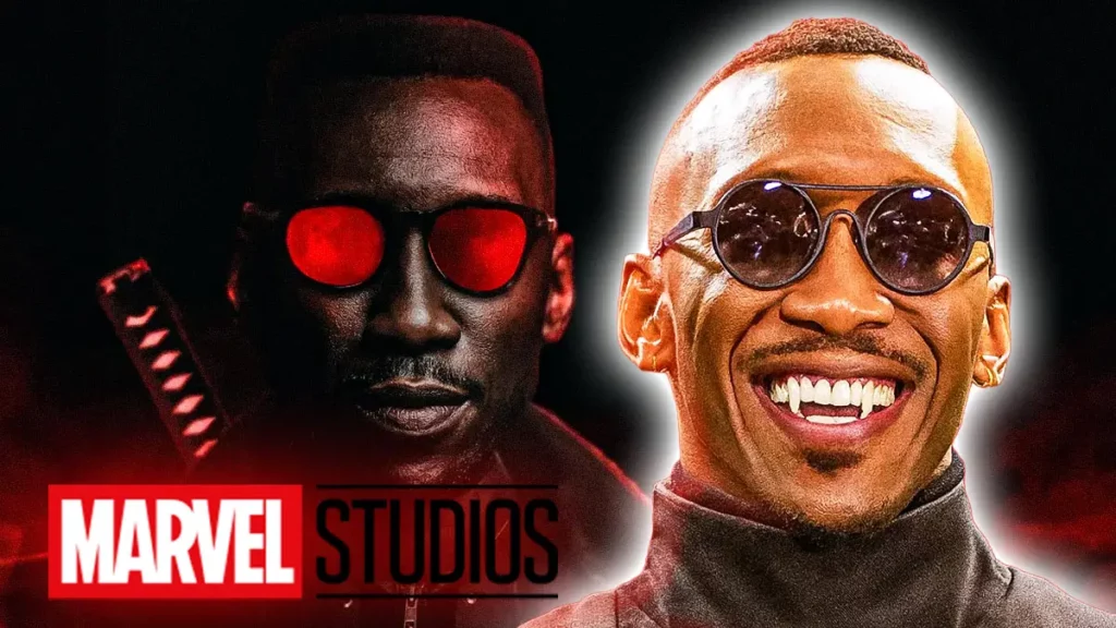 Visuel promotionnel de Blade, reboot du film de Marvel Studios, avec l’emblème rouge caractéristique et une ambiance sombre et vampirique.