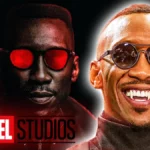 Visuel promotionnel de Blade, reboot du film de Marvel Studios, avec l’emblème rouge caractéristique et une ambiance sombre et vampirique.