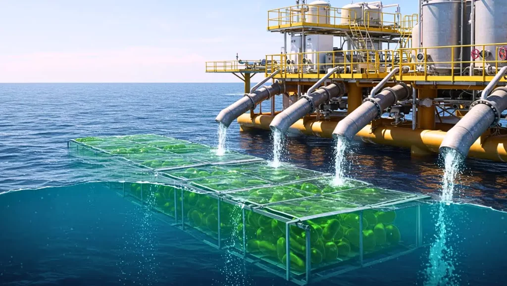 Système industriel flottant capturant le CO₂ dans l’eau de mer et le transformant en plastique biodégradable à partir d’algues.