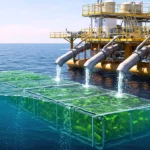 Système industriel flottant capturant le CO₂ dans l’eau de mer et le transformant en plastique biodégradable à partir d’algues.