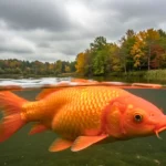 Gros poisson rouge nageant dans un lac calme entouré d’arbres aux couleurs automnales, illustrant le problème des espèces invasives.