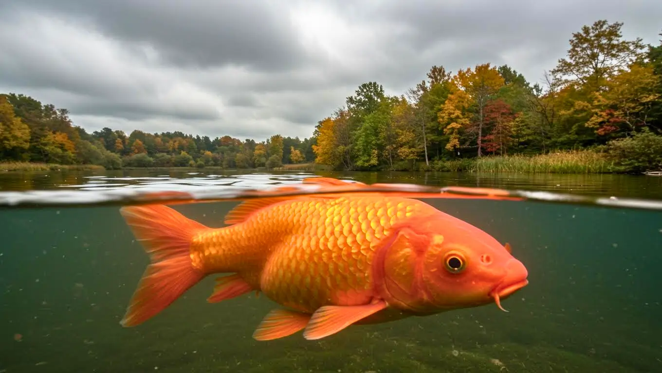 Gros poisson rouge nageant dans un lac calme entouré d’arbres aux couleurs automnales, illustrant le problème des espèces invasives.