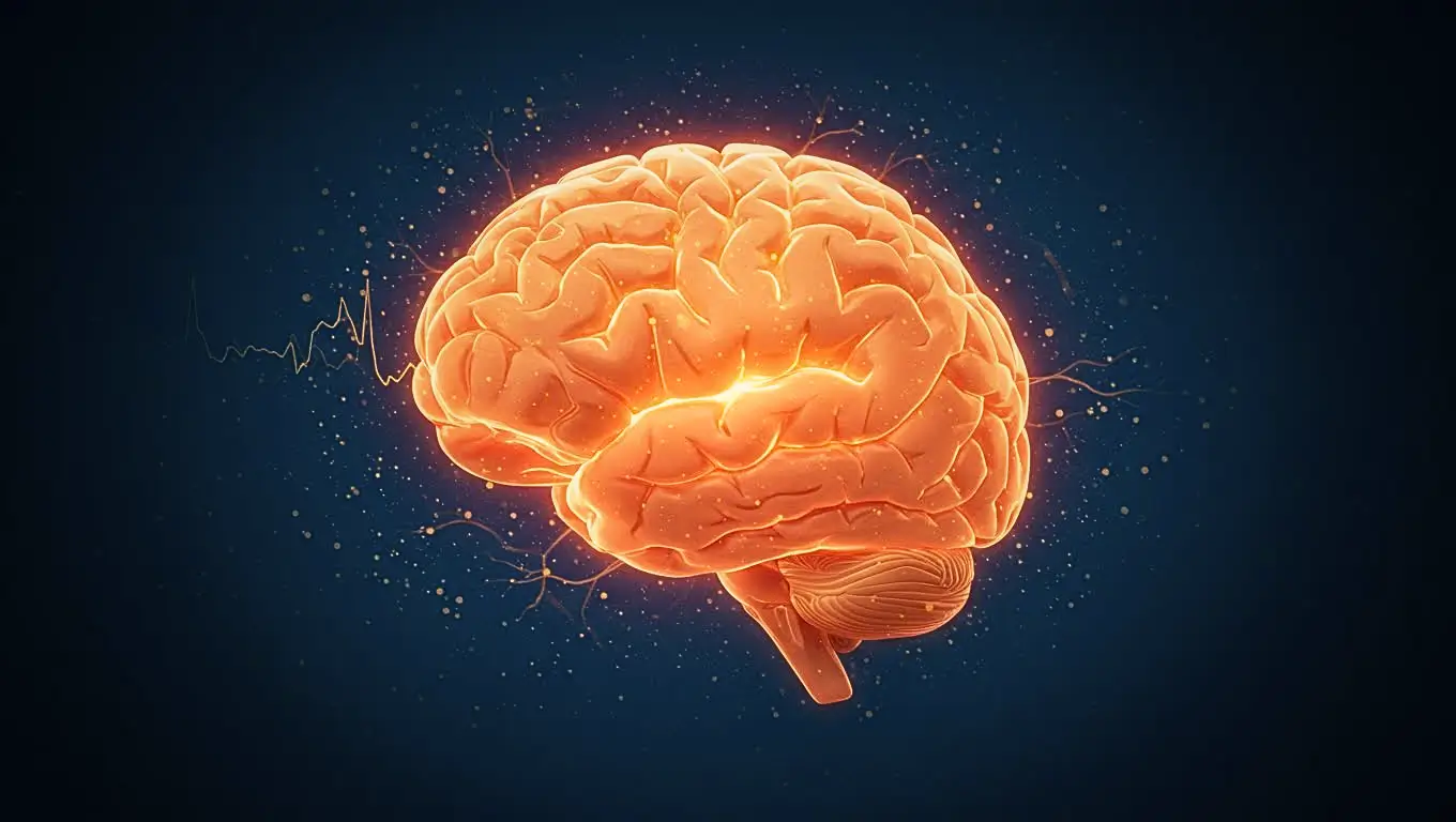 Illustration d’un cerveau humain lumineux sur fond sombre, symbolisant l’activité neuronale et la régénération cérébrale.