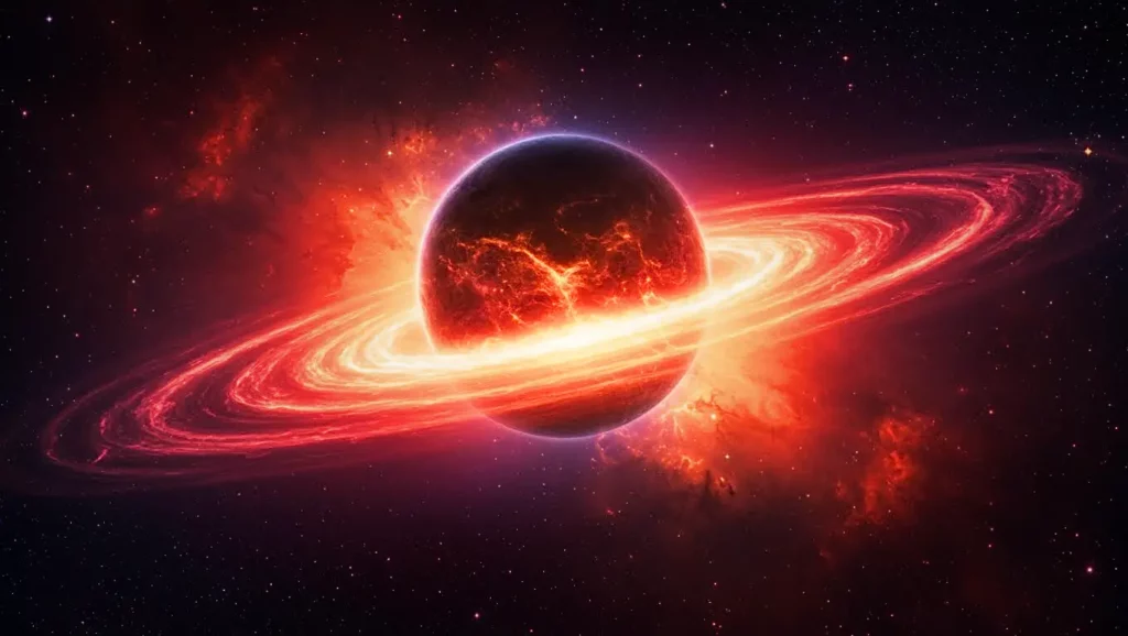 Illustration d’une planète rougeoyante entourée d’un anneau de feu lumineux dans l’espace profond, symbolisant la découverte astronomique Cha 1107−7626.