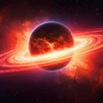 Illustration d’une planète rougeoyante entourée d’un anneau de feu lumineux dans l’espace profond, symbolisant la découverte astronomique Cha 1107−7626.