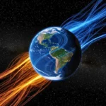 Illustration du champ magnétique terrestre avec des flux bleus et orange entourant la planète Terre vue de l’espace, représentant la protection contre les vents solaires.