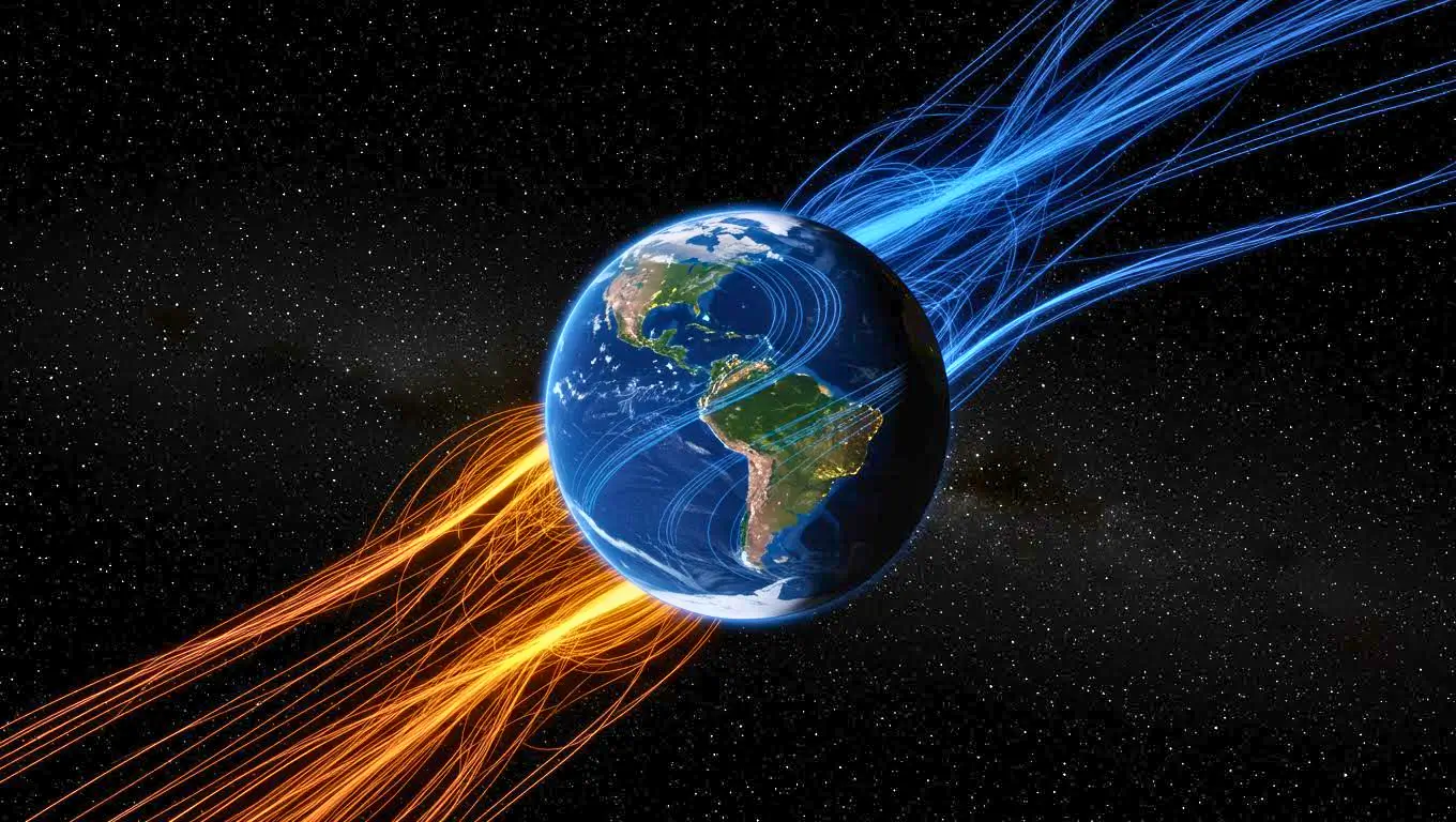 Illustration du champ magnétique terrestre avec des flux bleus et orange entourant la planète Terre vue de l’espace, représentant la protection contre les vents solaires.
