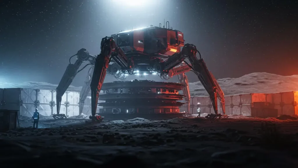 Robot-araignée géant en activité sur la surface lunaire, illuminé par des projecteurs bleus et rouges, entouré d’ingénieurs en combinaison spatiale.