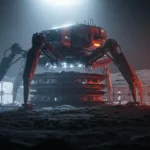 Robot-araignée géant en activité sur la surface lunaire, illuminé par des projecteurs bleus et rouges, entouré d’ingénieurs en combinaison spatiale.