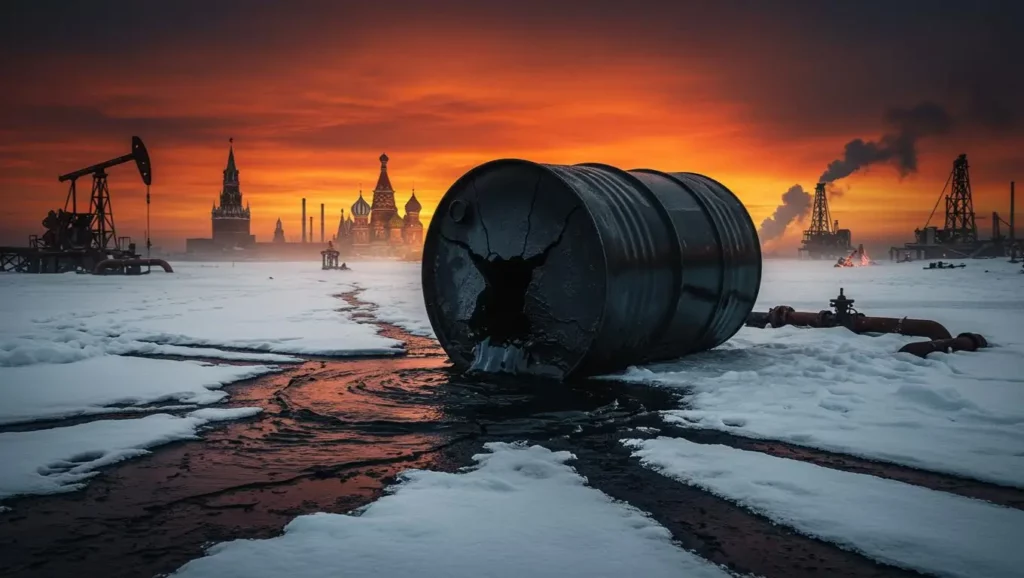 Un baril de pétrole renversé sur la neige devant le Kremlin, symbole de la crise énergétique qui frappe la Russie après la chute des prix du brut.