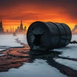 Un baril de pétrole renversé sur la neige devant le Kremlin, symbole de la crise énergétique qui frappe la Russie après la chute des prix du brut.