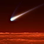 Illustration d’une comète brillante traversant le ciel rouge de Mars, avec une longue traînée lumineuse et le sol martien à l’horizon.