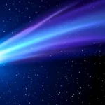 Comète lumineuse avec traînée bleue et violette traversant un ciel étoilé.