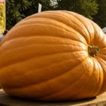 Un potiron géant orange exposé sur une estrade entourée de bottes de paille, lors du concours du plus gros potiron à Roches-sur-Yvon.