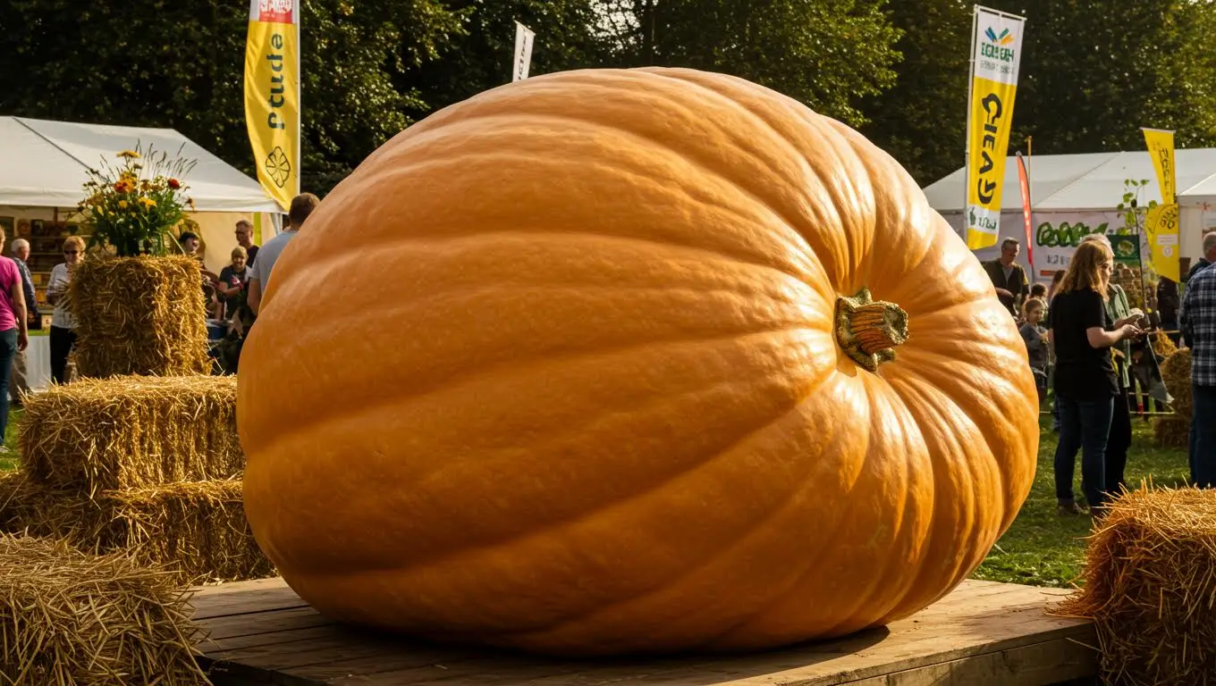 Un potiron géant orange exposé sur une estrade entourée de bottes de paille, lors du concours du plus gros potiron à Roches-sur-Yvon.