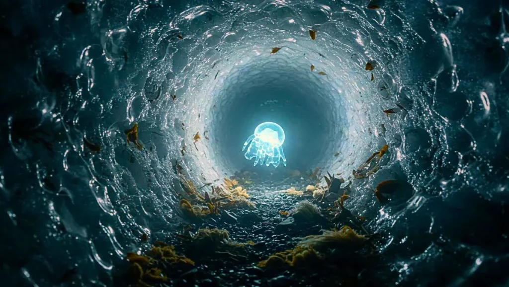 Représentation d’une méduse bioluminescente flottant dans un tunnel glacé, symbolisant le réveil de formes de vie anciennes dans le permafrost.