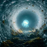 Représentation d’une méduse bioluminescente flottant dans un tunnel glacé, symbolisant le réveil de formes de vie anciennes dans le permafrost.