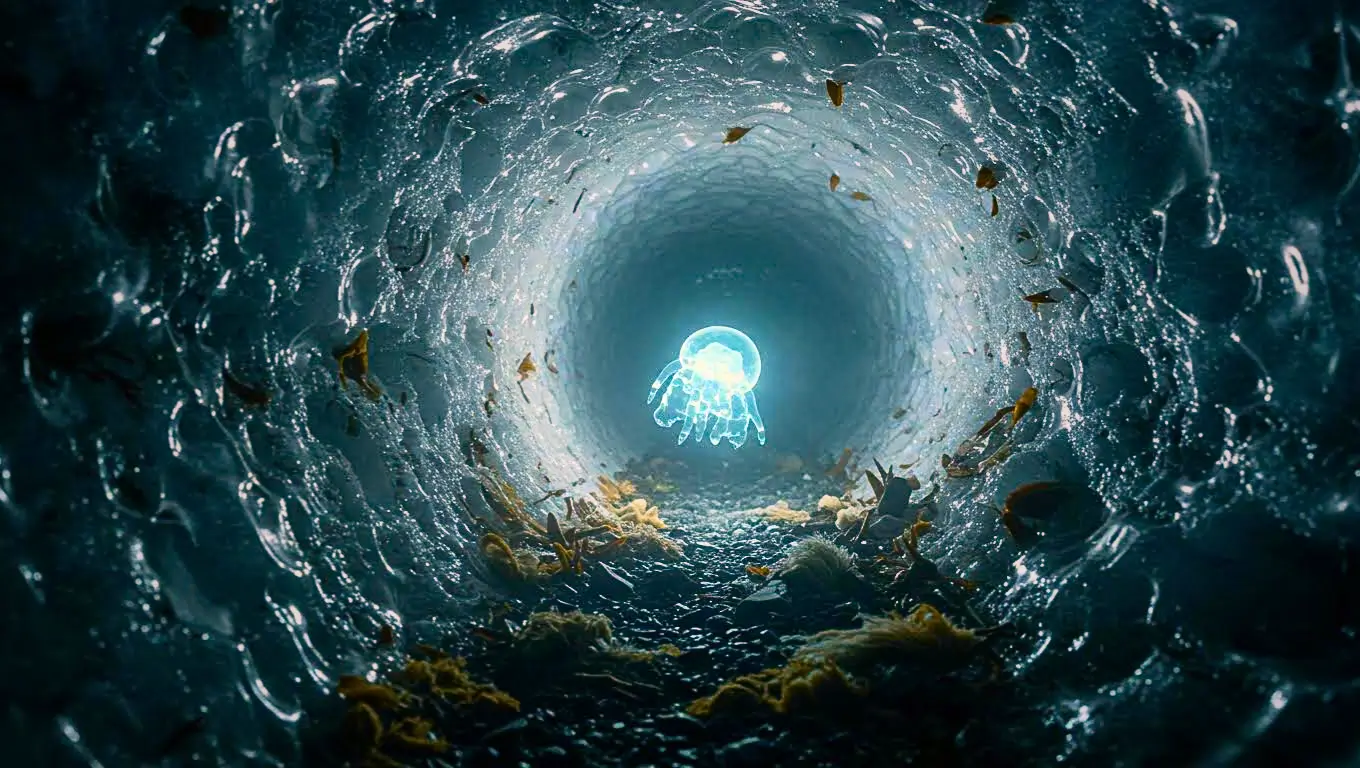 Représentation d’une méduse bioluminescente flottant dans un tunnel glacé, symbolisant le réveil de formes de vie anciennes dans le permafrost.