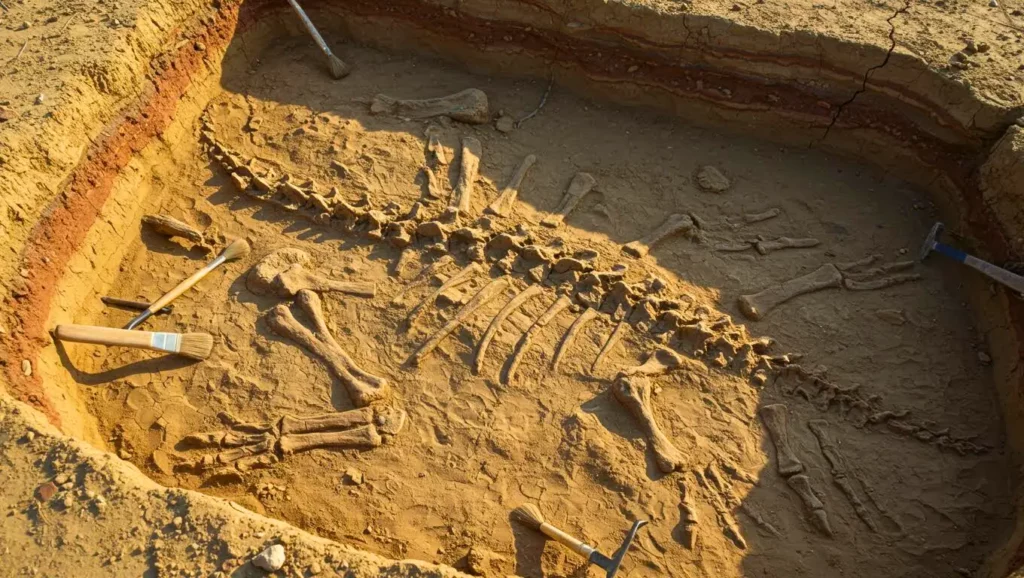 Fossile de dinosaure partiellement dégagé dans le sol, entouré d’outils d’archéologues et de pinceaux.