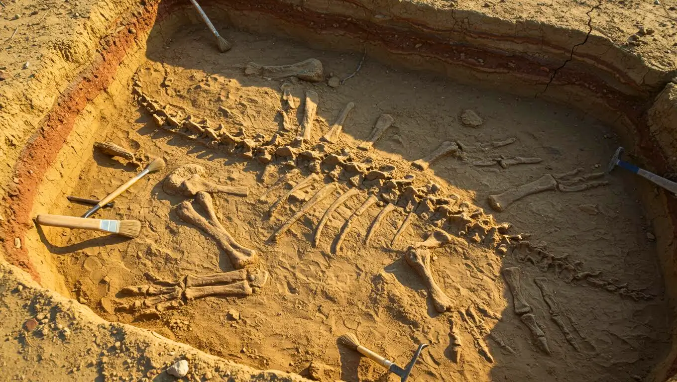 Fossile de dinosaure partiellement dégagé dans le sol, entouré d’outils d’archéologues et de pinceaux.