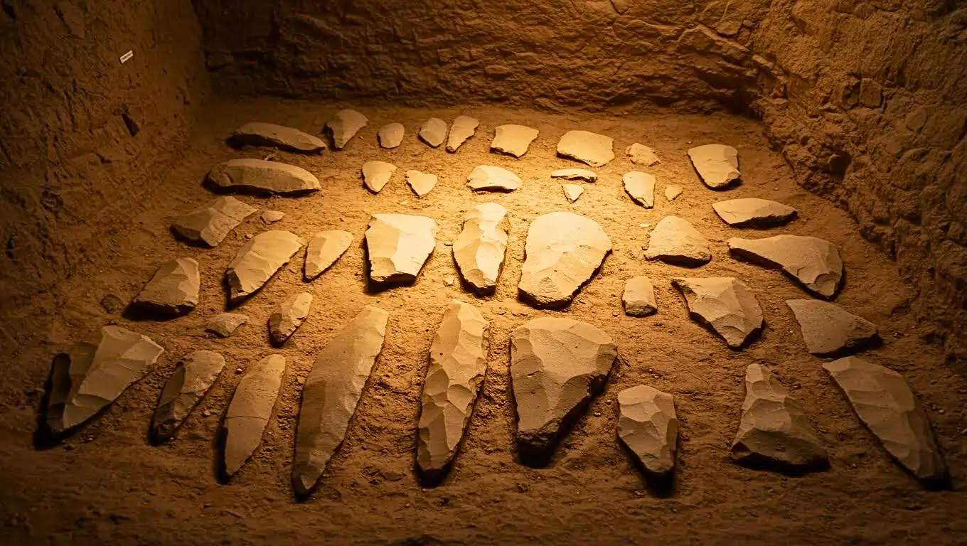 Outils préhistoriques en pierre taillée découverts lors d’une fouille archéologique, éclairés dans une cavité de terre.