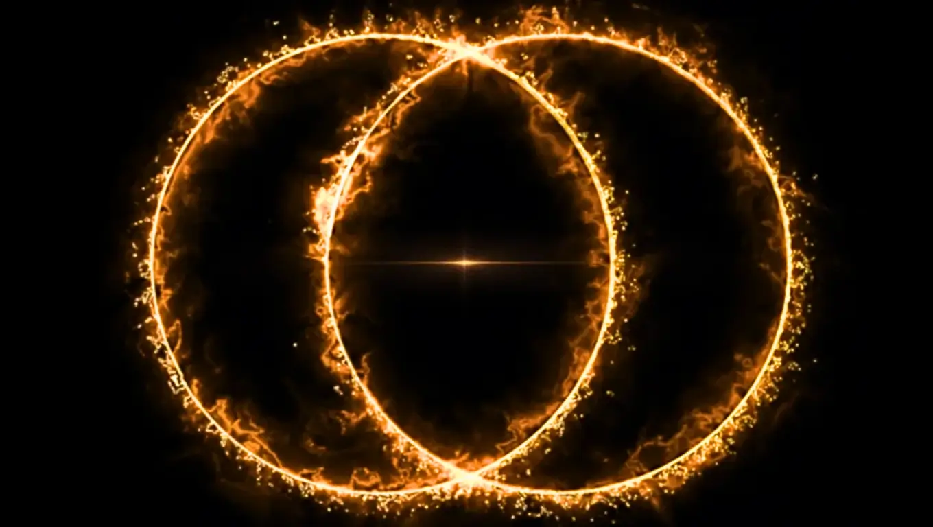 Illustration d’un double anneau lumineux doré représentant un gigantesque signal radio cosmique détecté dans l’univers lointain.