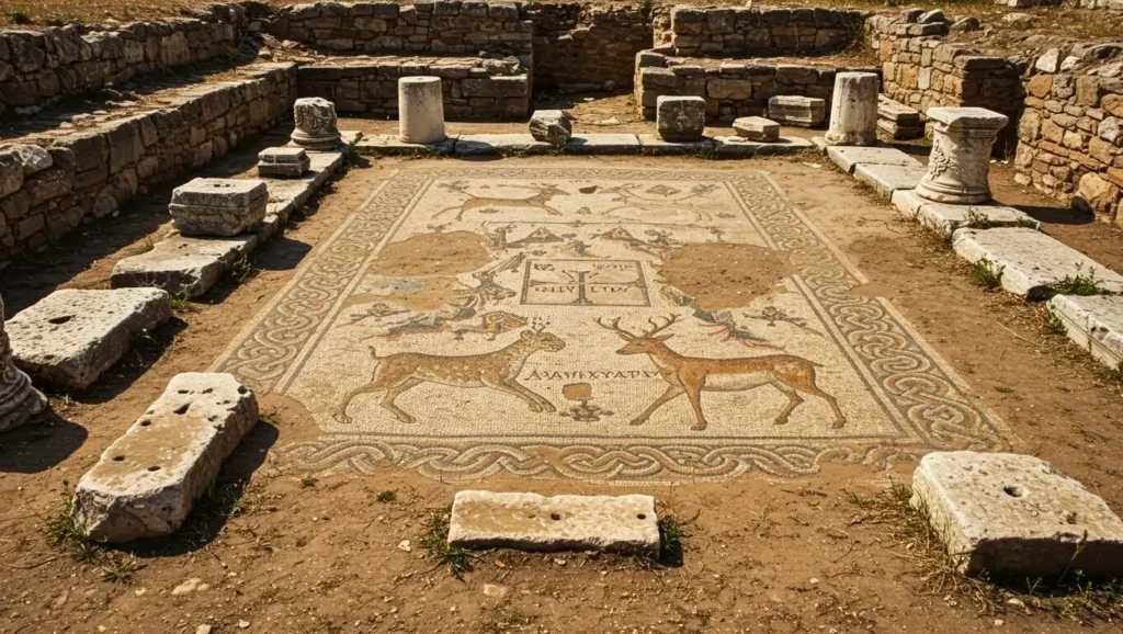 Ancienne mosaïque romaine représentant des cerfs et des motifs géométriques, découverte sur un site archéologique entouré de ruines en pierre.