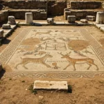 Ancienne mosaïque romaine représentant des cerfs et des motifs géométriques, découverte sur un site archéologique entouré de ruines en pierre.