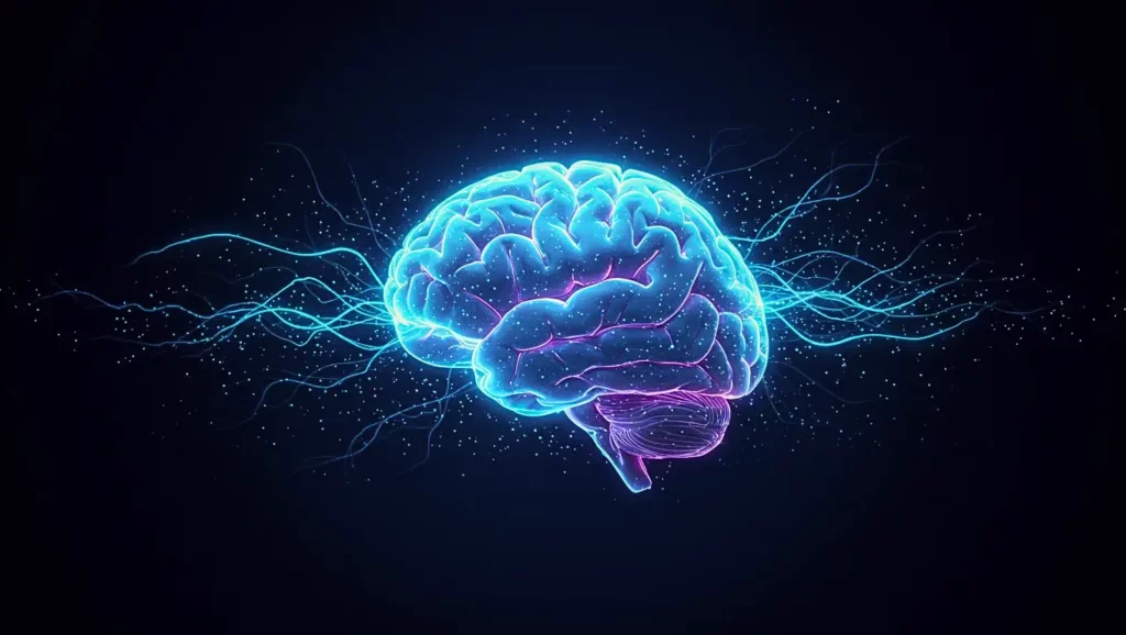Illustration numérique d’un cerveau humain lumineux parcouru d’impulsions électriques bleues sur fond noir.
