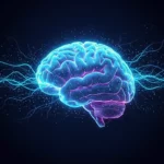 Illustration numérique d’un cerveau humain lumineux parcouru d’impulsions électriques bleues sur fond noir.