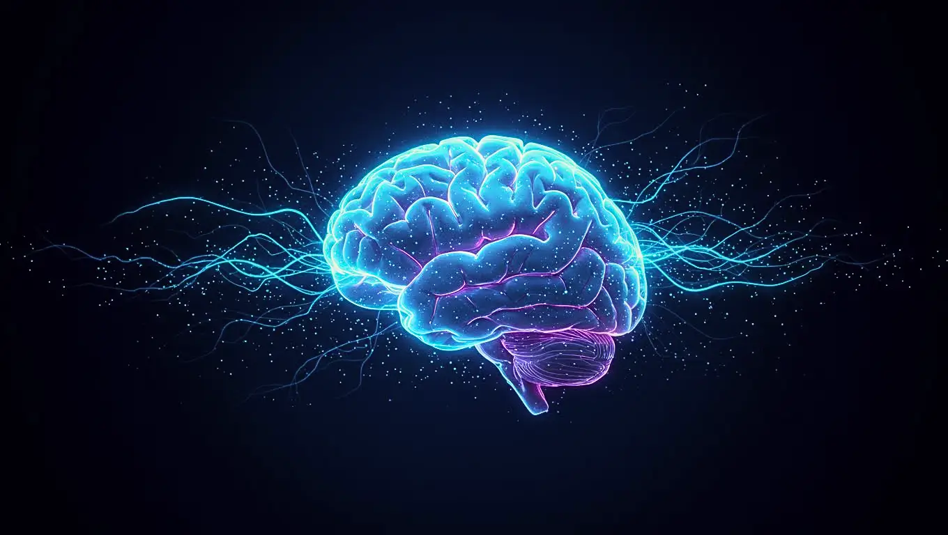 Illustration numérique d’un cerveau humain lumineux parcouru d’impulsions électriques bleues sur fond noir.