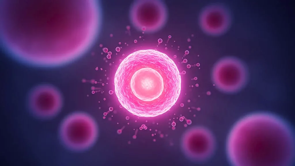 Représentation 3D d’une cellule humaine rose lumineuse au centre d’un environnement cellulaire flou, illustrant la création d’un ovule à partir d’une cellule de peau.
