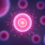 Représentation 3D d’une cellule humaine rose lumineuse au centre d’un environnement cellulaire flou, illustrant la création d’un ovule à partir d’une cellule de peau.