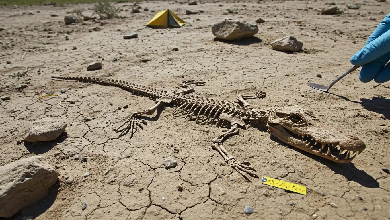 Fossile d’un crocodile vieux de 95 millions d’années découvert lors de fouilles paléontologiques dans un désert.