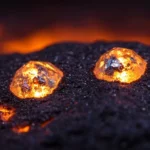 Deux diamants incandescents incrustés dans une roche sombre, éclairés par la chaleur du manteau terrestre, symbolisant une découverte scientifique majeure sur la chimie des profondeurs.