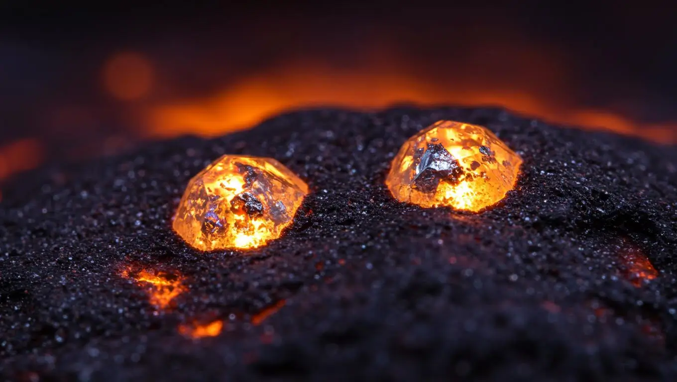 Deux diamants incandescents incrustés dans une roche sombre, éclairés par la chaleur du manteau terrestre, symbolisant une découverte scientifique majeure sur la chimie des profondeurs.