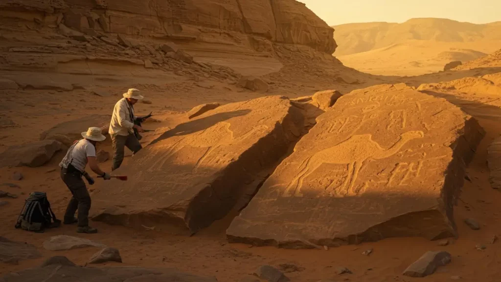 Archéologues étudiant d’anciennes gravures rupestres représentant des dromadaires, découvertes sur des blocs de pierre dans un désert orangé au coucher du soleil.