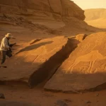 Archéologues étudiant d’anciennes gravures rupestres représentant des dromadaires, découvertes sur des blocs de pierre dans un désert orangé au coucher du soleil.