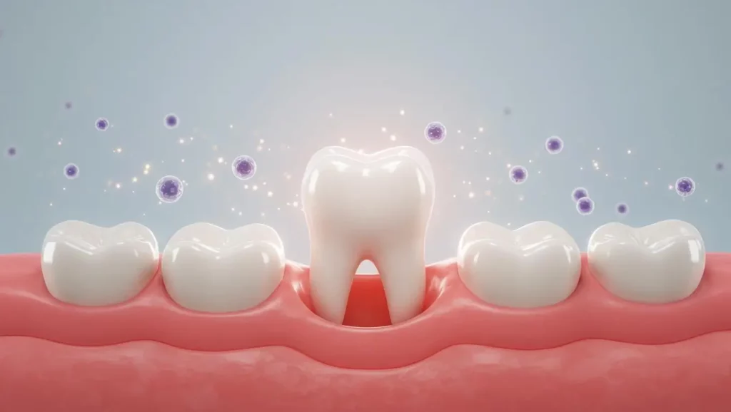 Illustration scientifique d’une dent en régénération, symbolisant les avancées de la recherche en odontologie.