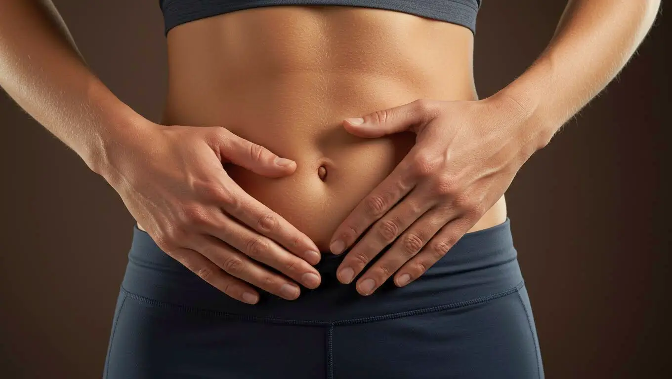Gros plan sur l’abdomen d’une personne avec les mains posées autour du nombril, illustrant une étude scientifique sur la structure anatomique sous-cutanée.