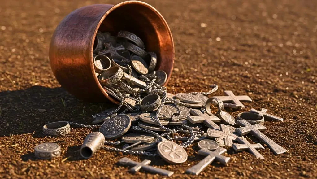 Pot en terre cuite renversé laissant apparaître des pièces et bijoux anciens en argent sur un sol sablonneux.