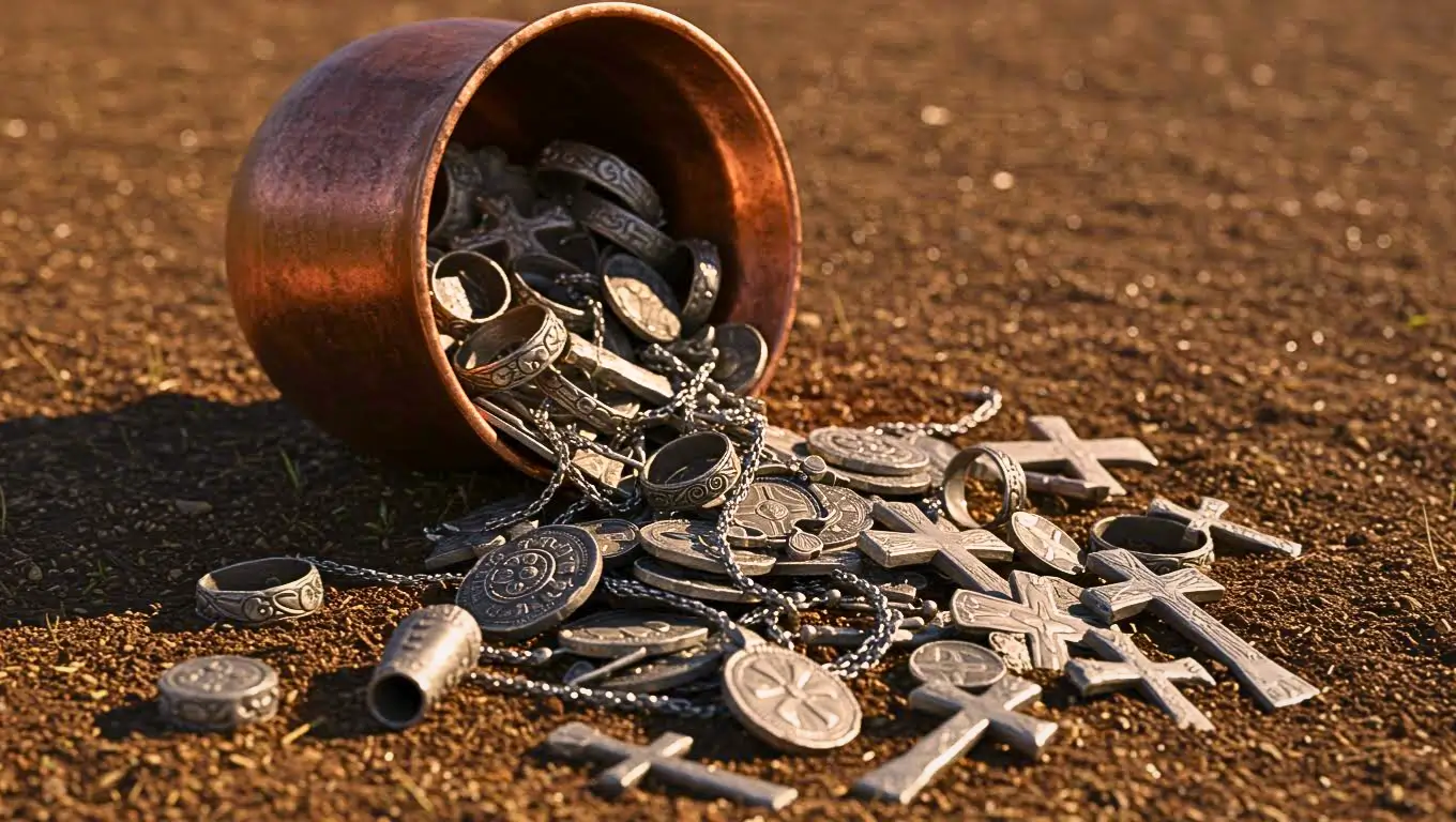 Pot en terre cuite renversé laissant apparaître des pièces et bijoux anciens en argent sur un sol sablonneux.