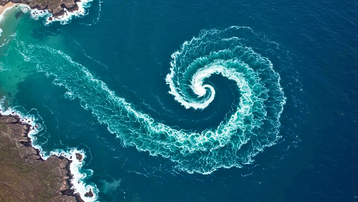Vue aérienne d’un tourbillon géant dans l’océan, formant une spirale parfaite d’écume blanche.