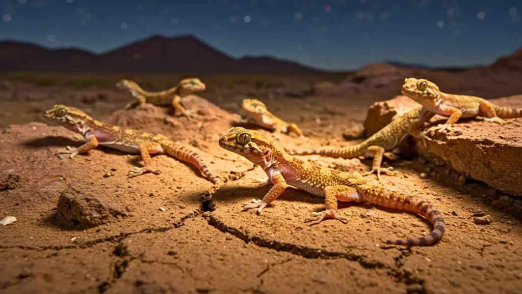 Groupe de geckos dorés évoluant sur un sol aride au crépuscule, sous un ciel étoilé.