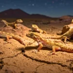 Groupe de geckos dorés évoluant sur un sol aride au crépuscule, sous un ciel étoilé.